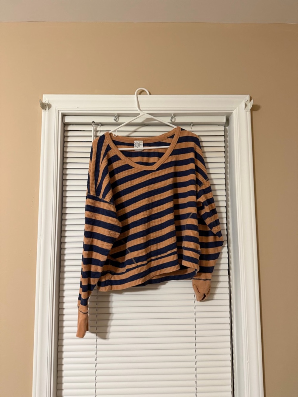 Striped V-Neck Knit Sweater Top in Tan and Navy